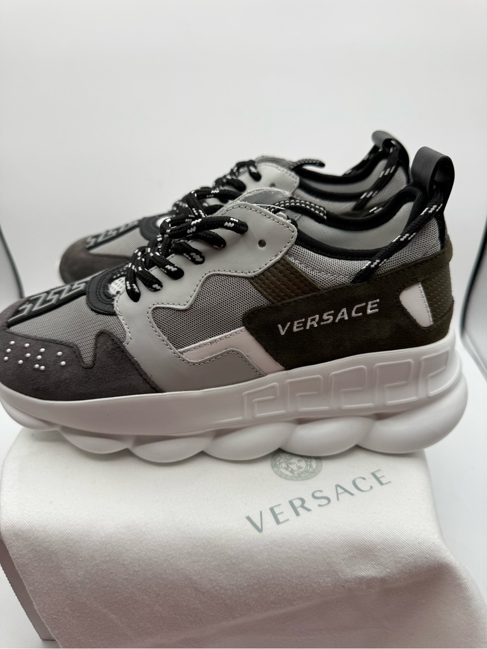 New Versace  Chunky Mesh & Suede Sneakers in Gray, olive and White  size 40